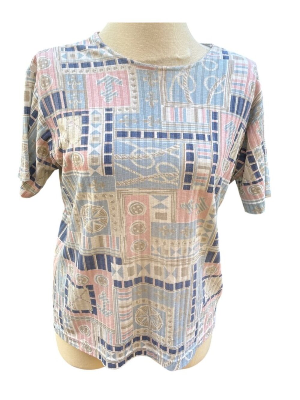 Nautical Print Short Sleeve Top Made In USA Southern Lady Womens Size Large